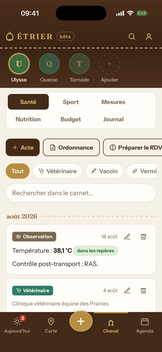 Le carnet de santé dans l'application ÉTRIER